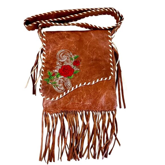 Other Handbags - Handcrafted Brown Leather Crossbody Bag Red Rose Embroidery & Fringe Accents GUC